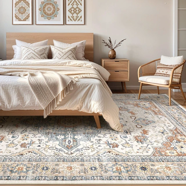 Alt view image 4 of 7 - 8x10 Area Rugs Washable Vintage Boho Living Room Rug Beige Blue | Neutral Soft Stain Resistant Distressed Farmhouse Non-Slip Indoor Floor Carpet for Bedroom Nursery Kids Office Dining Room