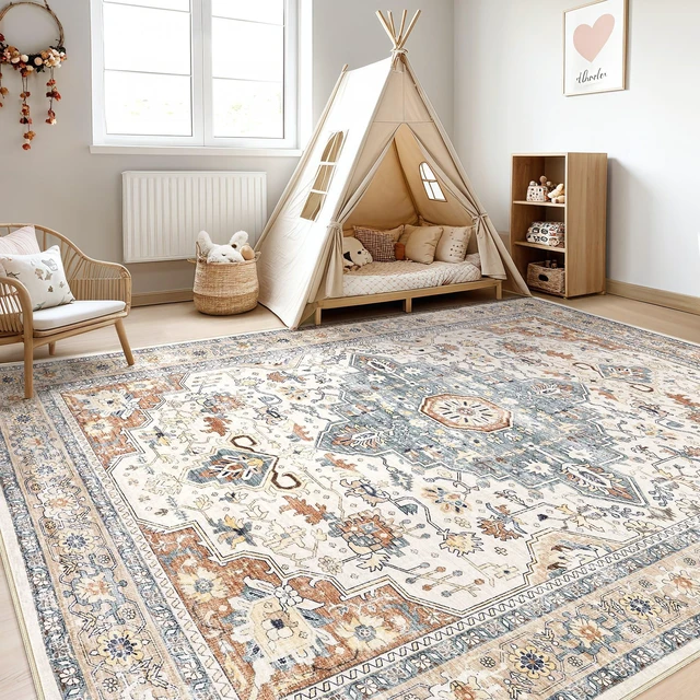 Alt view image 5 of 7 - 8x10 Area Rugs Washable Vintage Boho Living Room Rug Beige Blue | Neutral Soft Stain Resistant Distressed Farmhouse Non-Slip Indoor Floor Carpet for Bedroom Nursery Kids Office Dining Room