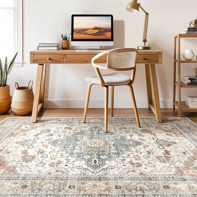 Alt view image 7 of 7 - 8x10 Area Rugs Washable Vintage Boho Living Room Rug Beige Blue | Neutral Soft Stain Resistant Distressed Farmhouse Non-Slip Indoor Floor Carpet for Bedroom Nursery Kids Office Dining Room