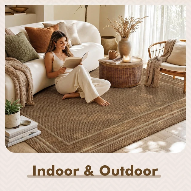 Alt view image 3 of 7 - Outdoor Rug-Patio Rug 6x9 ft Polypropylene Indoor Outdoor Rugs Outdoor Carpet for Patio Deck Balcony Porch, Textured Weave, Durable for High Traffic, Fade-Resistant, Modern Neutral Brown