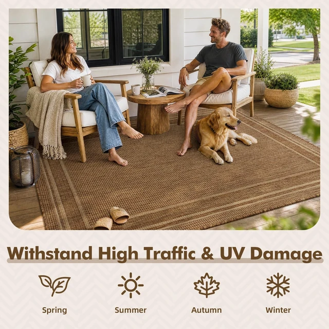 Alt view image 4 of 7 - Outdoor Rug-Patio Rug 6x9 ft Polypropylene Indoor Outdoor Rugs Outdoor Carpet for Patio Deck Balcony Porch, Textured Weave, Durable for High Traffic, Fade-Resistant, Modern Neutral Brown