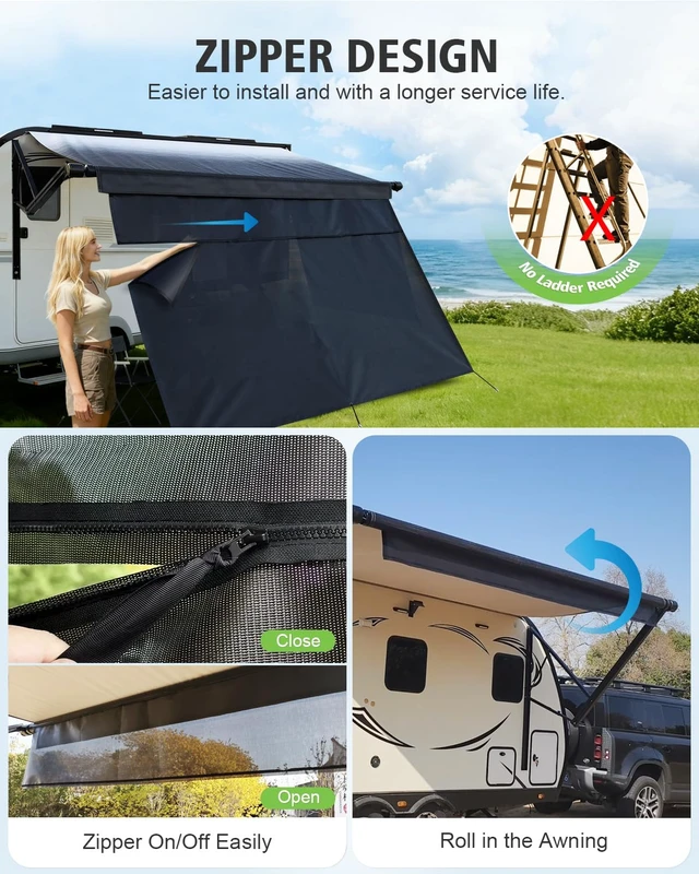 Alt view image 2 of 7 - RV Awning Sun Shade Screen with Zipper, 8'x19'3" for 20' RV Awning | 7.9oz Black Heavy Duty Coated Mesh Camper Awning Shade Screen with 95% UV Protect, Improve Privacy for Motorhome Trailer