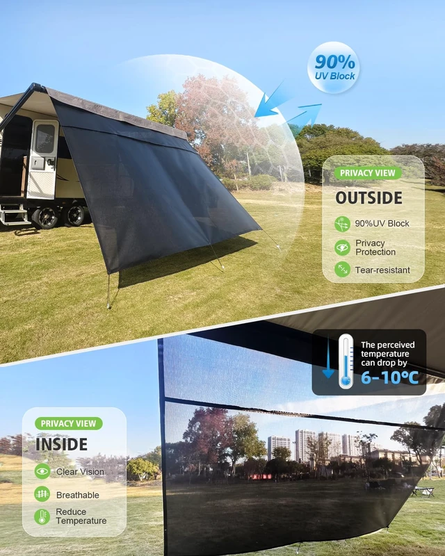 Alt view image 3 of 7 - RV Awning Sun Shade Screen with Zipper, 8'x19'3" for 20' RV Awning | 7.9oz Black Heavy Duty Coated Mesh Camper Awning Shade Screen with 95% UV Protect, Improve Privacy for Motorhome Trailer