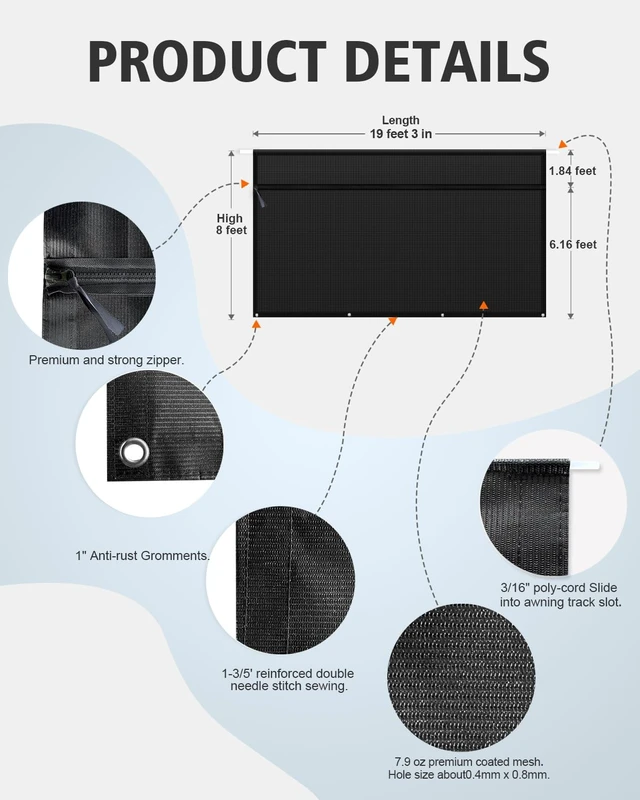 Alt view image 6 of 7 - RV Awning Sun Shade Screen with Zipper, 8'x19'3" for 20' RV Awning | 7.9oz Black Heavy Duty Coated Mesh Camper Awning Shade Screen with 95% UV Protect, Improve Privacy for Motorhome Trailer