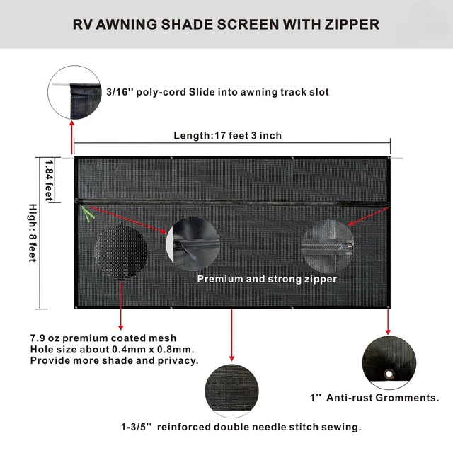 Alt view image 2 of 7 - RV Awning Sun Shade Screen 8'x17'3''(Fit for 18' Awning),Black Mesh Shade Screen with Zipper,Universal Trailer Camper Awning Screen with Complete Kits,Improves Shadow and Privacy.