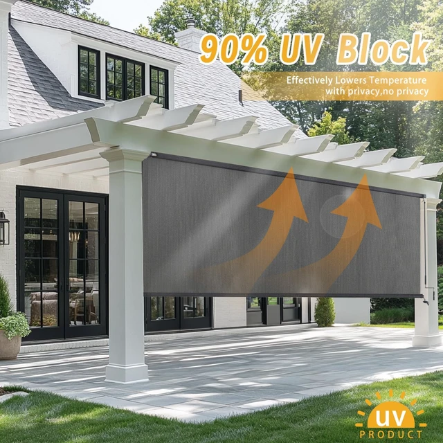 Alt view image 3 of 7 - Outdoor Roller Shades, Cordless Patio Roller Up Blinds with Shade Cloth for Porch Gazebo Pergola Balcony Backyard, 2 Poles & 1 Fabric, Grey, 84" Wx96 H