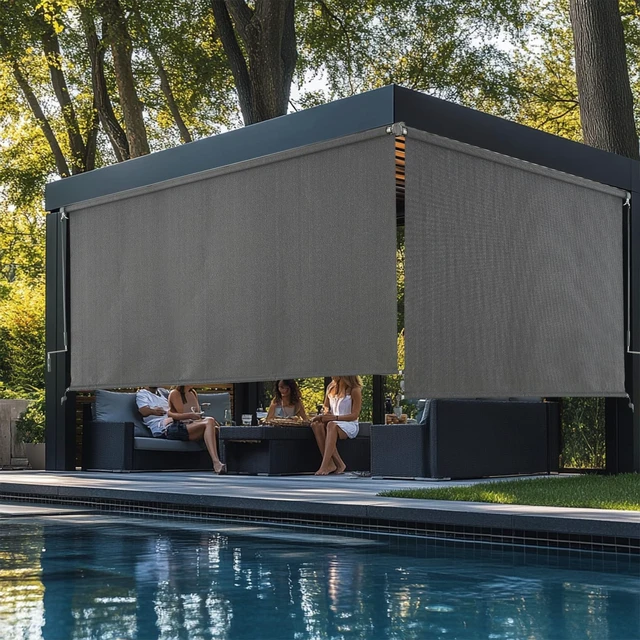 Alt view image 6 of 7 - Outdoor Roller Shades, Cordless Patio Roller Up Blinds with Shade Cloth for Porch Gazebo Pergola Balcony Backyard, 2 Poles & 1 Fabric, Grey, 84" Wx96 H
