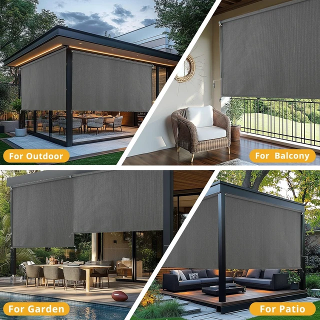 Alt view image 7 of 7 - Outdoor Roller Shades, Cordless Patio Roller Up Blinds with Shade Cloth for Porch Gazebo Pergola Balcony Backyard, 2 Poles & 1 Fabric, Grey, 84" Wx96 H
