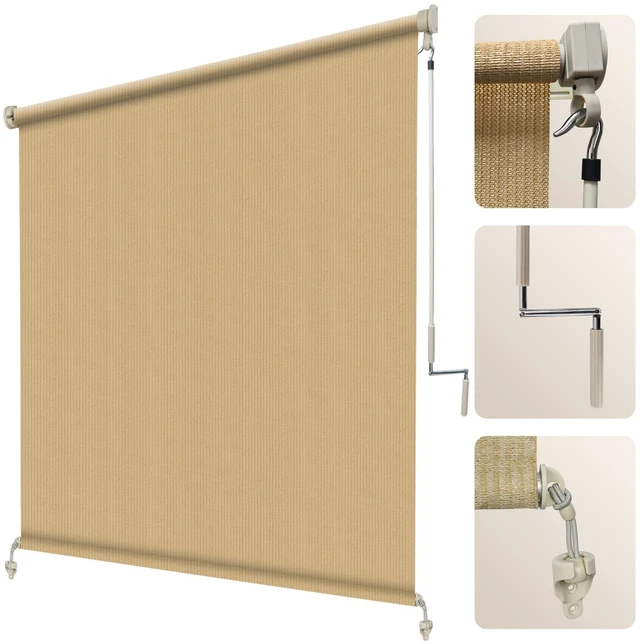 Main image of Outdoor Roller Shade 8' W x 8' H, Sesame Exterior Cordless Patio Shades Roll Up Blinds with Spliced Pole Design, (2 Poles, One-Piece Fabric)
