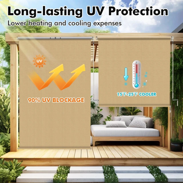 Alt view image 2 of 7 - Outdoor Roller Shade 8' W x 8' H, Sesame Exterior Cordless Patio Shades Roll Up Blinds with Spliced Pole Design, (2 Poles, One-Piece Fabric)