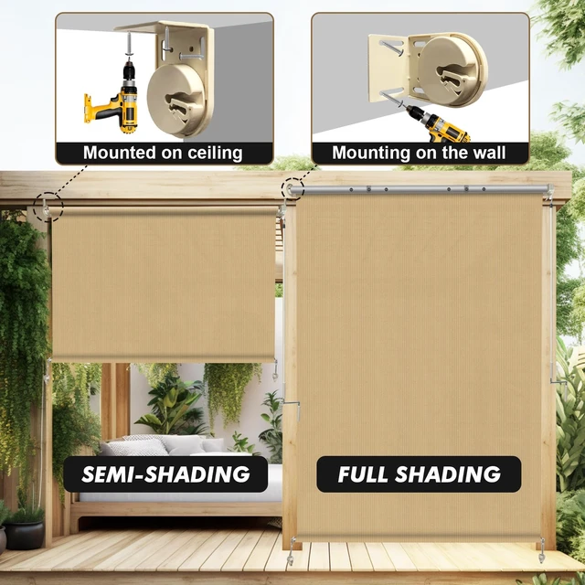 Alt view image 7 of 7 - Outdoor Roller Shade 8' W x 8' H, Sesame Exterior Cordless Patio Shades Roll Up Blinds with Spliced Pole Design, (2 Poles, One-Piece Fabric)