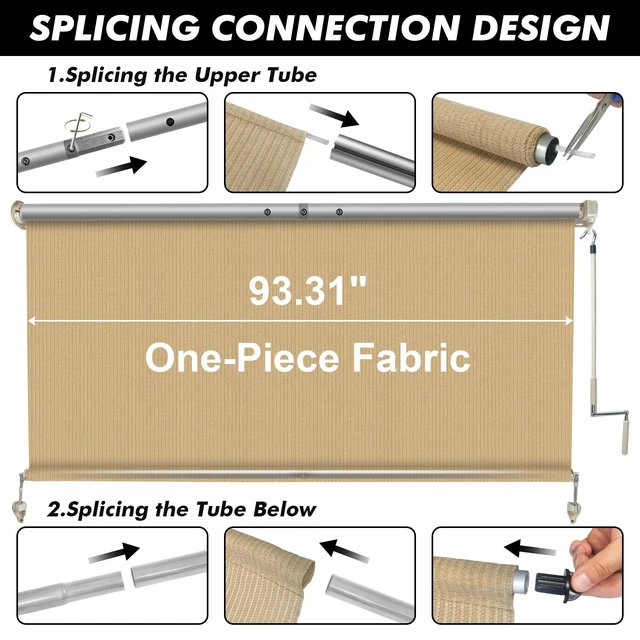 Alt view image 6 of 7 - Outdoor Roller Shade 8' W x 8' H, Sesame Exterior Cordless Patio Shades Roll Up Blinds with Spliced Pole Design, (2 Poles, One-Piece Fabric)