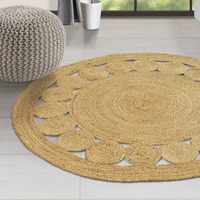 Main image of Jute Area Rug 6 ft Round Natural Hand Woven Farmhouse Rustic Charm | 100% Natural Jute Boho Braided Vintage Beige Reversible Low Pile Eco-Friendly Indoor Bedroom Living Room Hallway Home Decor