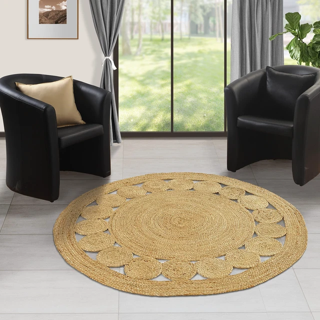 Alt view image 2 of 7 - Jute Area Rug 6 ft Round Natural Hand Woven Farmhouse Rustic Charm | 100% Natural Jute Boho Braided Vintage Beige Reversible Low Pile Eco-Friendly Indoor Bedroom Living Room Hallway Home Decor