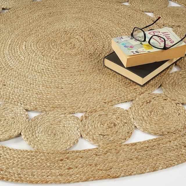 Alt view image 3 of 7 - Jute Area Rug 6 ft Round Natural Hand Woven Farmhouse Rustic Charm | 100% Natural Jute Boho Braided Vintage Beige Reversible Low Pile Eco-Friendly Indoor Bedroom Living Room Hallway Home Decor