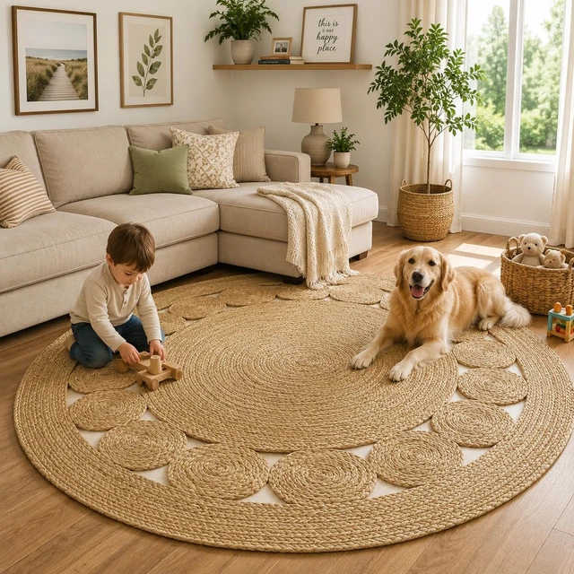 Alt view image 7 of 7 - Jute Area Rug 6 ft Round Natural Hand Woven Farmhouse Rustic Charm | 100% Natural Jute Boho Braided Vintage Beige Reversible Low Pile Eco-Friendly Indoor Bedroom Living Room Hallway Home Decor