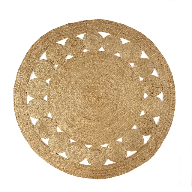 Alt view image 5 of 7 - Jute Area Rug 6 ft Round Natural Hand Woven Farmhouse Rustic Charm | 100% Natural Jute Boho Braided Vintage Beige Reversible Low Pile Eco-Friendly Indoor Bedroom Living Room Hallway Home Decor