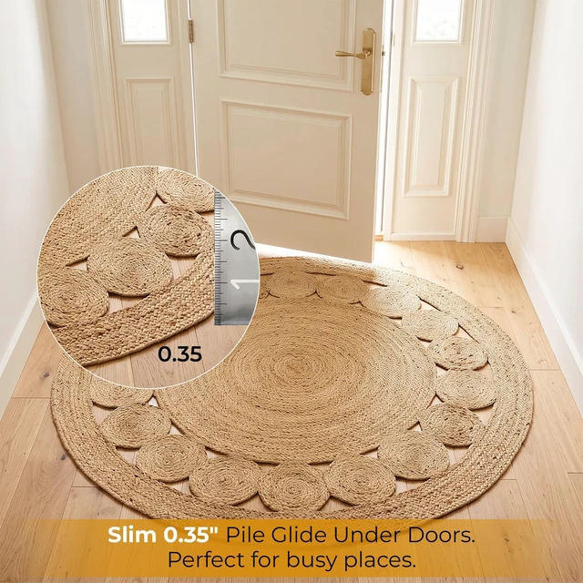 Alt view image 6 of 7 - Jute Area Rug 6 ft Round Natural Hand Woven Farmhouse Rustic Charm | 100% Natural Jute Boho Braided Vintage Beige Reversible Low Pile Eco-Friendly Indoor Bedroom Living Room Hallway Home Decor