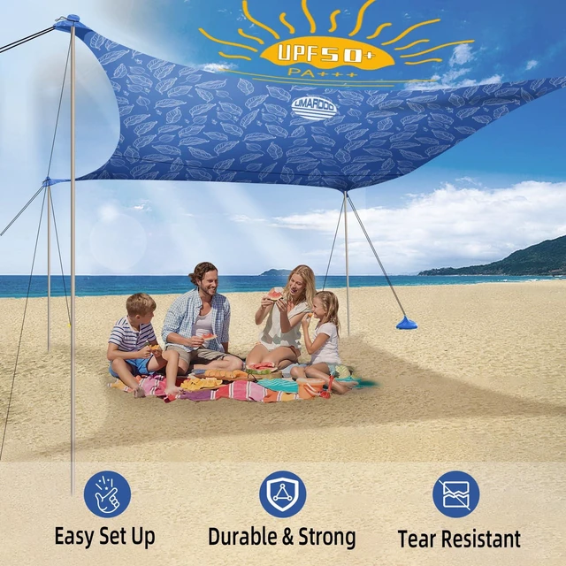 Alt view image 3 of 7 - Family Beach Tent Canopy Sun Shade Portable, Large Compact Beach Sun Shelter Easy Setup with Packable Bag for Outdoor Travel (Printed Blue, 10X10 FT. 4Poles)