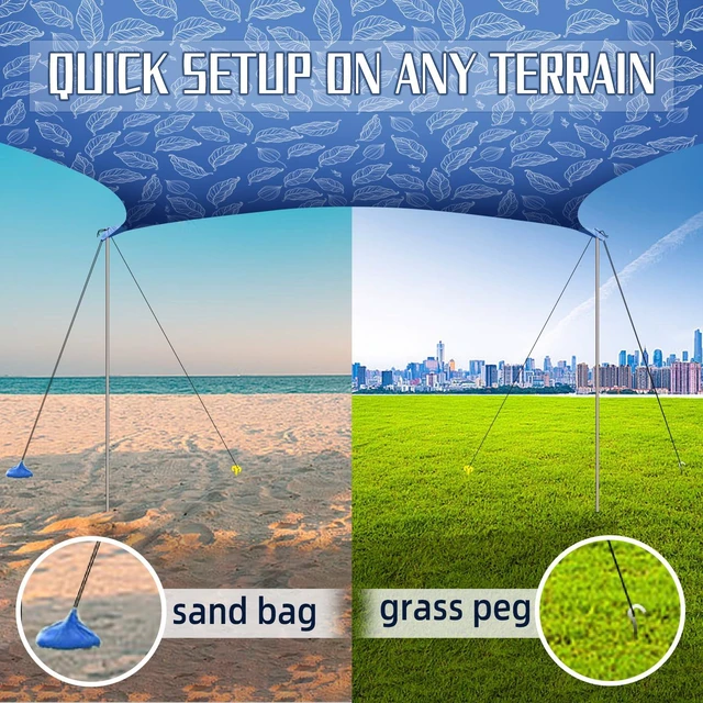 Alt view image 5 of 7 - Family Beach Tent Canopy Sun Shade Portable, Large Compact Beach Sun Shelter Easy Setup with Packable Bag for Outdoor Travel (Printed Blue, 10X10 FT. 4Poles)