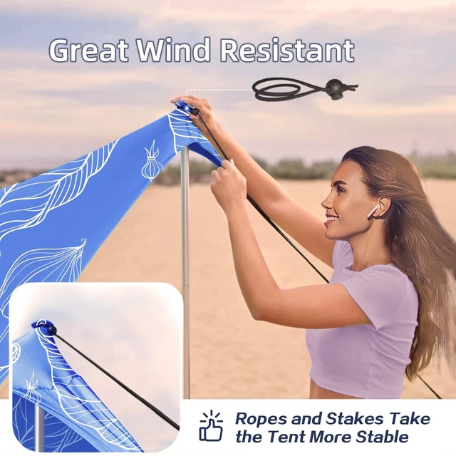Alt view image 4 of 7 - Family Beach Tent Canopy Sun Shade Portable, Large Compact Beach Sun Shelter Easy Setup with Packable Bag for Outdoor Travel (Printed Blue, 10X10 FT. 4Poles)