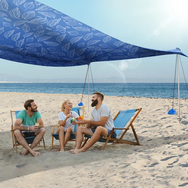 Alt view image 7 of 7 - Family Beach Tent Canopy Sun Shade Portable, Large Compact Beach Sun Shelter Easy Setup with Packable Bag for Outdoor Travel (Printed Blue, 10X10 FT. 4Poles)