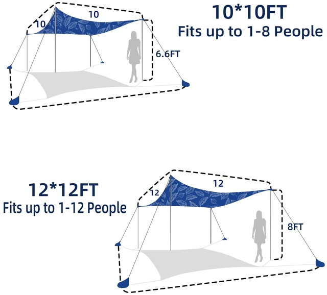 Alt view image 6 of 7 - Family Beach Tent Canopy Sun Shade Portable, Large Compact Beach Sun Shelter Easy Setup with Packable Bag for Outdoor Travel (Printed Blue, 10X10 FT. 4Poles)