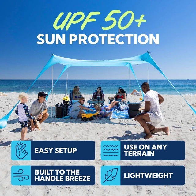 Alt view image 2 of 7 - Beach Tent Sun Shelter, Beach Shade Canopy with UPF50+ Protection | Beach Canopy Tent Sun Shade, Cabana Includes Carry Bag, Sand Shovel, Ground Pegs, 4 Poles & Anchor Bags, 5ftX5ft Royal Blue