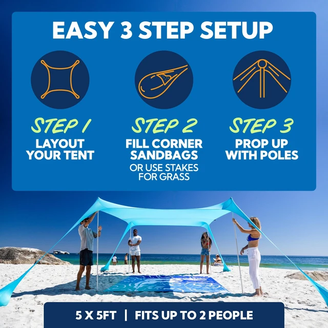Alt view image 3 of 7 - Beach Tent Sun Shelter, Beach Shade Canopy with UPF50+ Protection | Beach Canopy Tent Sun Shade, Cabana Includes Carry Bag, Sand Shovel, Ground Pegs, 4 Poles & Anchor Bags, 5ftX5ft Royal Blue