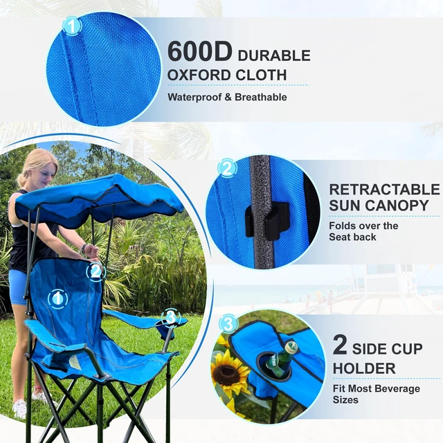 Alt view image 4 of 6 - Camp Chair with Shade Canopy Heavy Duty Canopy Chair 350LBS | with Carry Bag for Outdoor Camping Hiking Beach, Heavy Duty