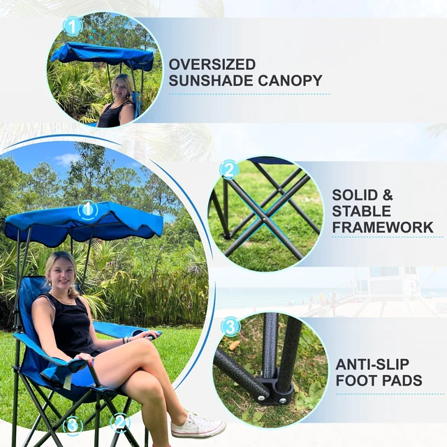 Alt view image 5 of 6 - Camp Chair with Shade Canopy Heavy Duty Canopy Chair 350LBS | with Carry Bag for Outdoor Camping Hiking Beach, Heavy Duty