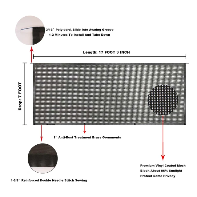 Alt view image 5 of 6 - RV Awning Mesh Sun Shade Screen for Motorhome Camper Trailer Sunshade | Fit 18' Awning, Premium Breathable Sunscreen, UV Blocker, Easy Install Kits, No Zipper, 3 Year Warranty, 7'X17'3'' Black