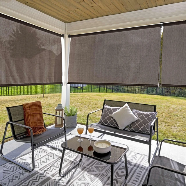 Alt view image 3 of 6 - Outdoor Roller Shade with Wand - 90% UV Block Breathable Light Filtering Shade for Patio or Porch, Fade-Resistant, Easy-Clean Fabric, 6ft x 6ft, Mocha
