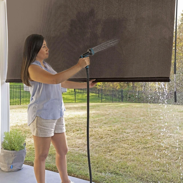 Alt view image 4 of 6 - Outdoor Roller Shade with Wand - 90% UV Block Breathable Light Filtering Shade for Patio or Porch, Fade-Resistant, Easy-Clean Fabric, 6ft x 6ft, Mocha
