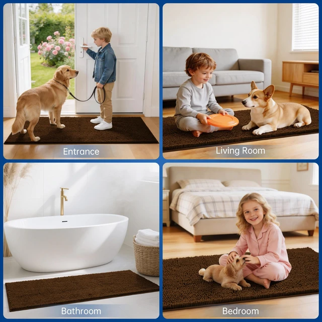 Alt view image 6 of 7 - Chenille Absorbent Front Door Mat 72" x 48", Dog Door Mat for Muddy Paws, Trap Dirt Doormat, Mud Mat for Dogs, Washable Non Slip Outdoor Indoor Doormats for Entryway, Brown