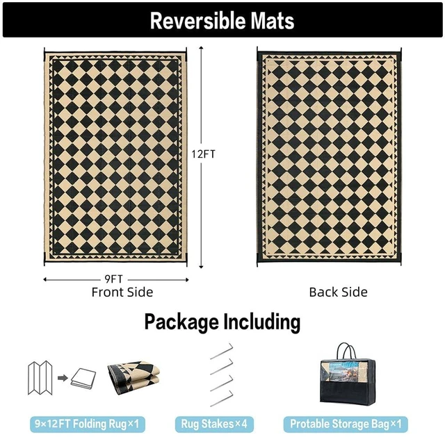 Alt view image 2 of 6 - 9x12 Black Beige Checkered Waterproof Outdoor Rug for Patio | Extra Large Reversible Outdoor Mat, Plastic Straw, Easy Clean for Patio, Poolside, Beach, Camping, Tent