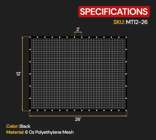 Alt view image 7 of 7 - 12'x26' Black 70% Shade Mesh Tarp for Outdoor w/Grommets - 6 Oz Extra Durable Heavy Duty Mesh Tarps for Dump Truck, Rolloff Trucks - Mesh Shade Net Cloth for Sun, Plant, Patio