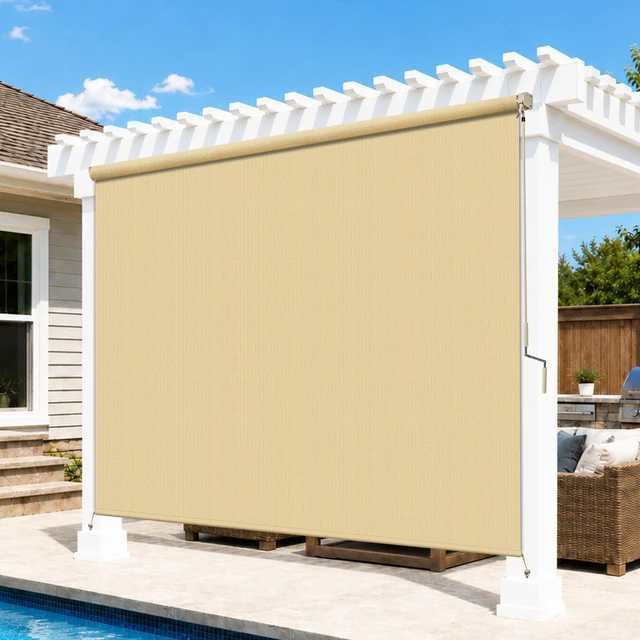 Main image of 8'W x 8'H Sesame Patio Shades Roll up Outdoor Roller Shade Crank Wand Blind Cordless, 90% UV Blocking & Privacy Protection for Porch|Gazebo|Pergola|Backyard (2 Splicing Tube, 1 Fabric)