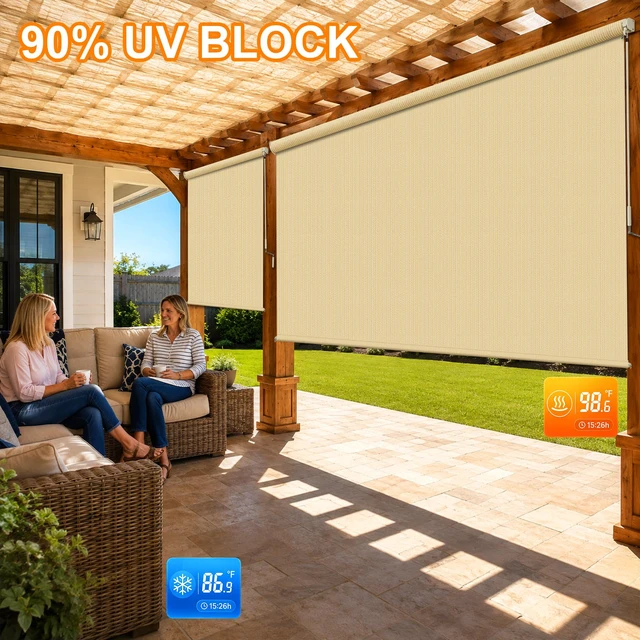 Alt view image 2 of 7 - 8'W x 8'H Sesame Patio Shades Roll up Outdoor Roller Shade Crank Wand Blind Cordless, 90% UV Blocking & Privacy Protection for Porch|Gazebo|Pergola|Backyard (2 Splicing Tube, 1 Fabric)