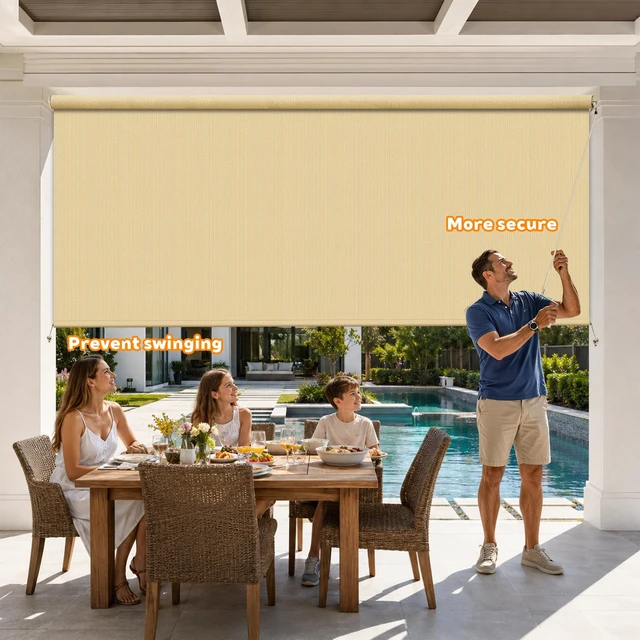 Alt view image 3 of 7 - 8'W x 8'H Sesame Patio Shades Roll up Outdoor Roller Shade Crank Wand Blind Cordless, 90% UV Blocking & Privacy Protection for Porch|Gazebo|Pergola|Backyard (2 Splicing Tube, 1 Fabric)