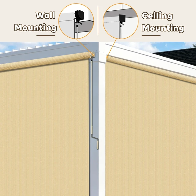 Alt view image 4 of 7 - 8'W x 8'H Sesame Patio Shades Roll up Outdoor Roller Shade Crank Wand Blind Cordless, 90% UV Blocking & Privacy Protection for Porch|Gazebo|Pergola|Backyard (2 Splicing Tube, 1 Fabric)