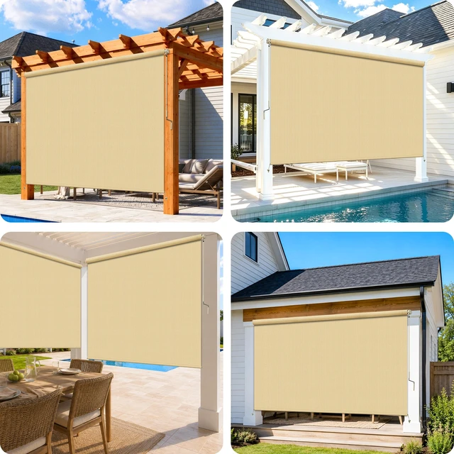 Alt view image 5 of 7 - 8'W x 8'H Sesame Patio Shades Roll up Outdoor Roller Shade Crank Wand Blind Cordless, 90% UV Blocking & Privacy Protection for Porch|Gazebo|Pergola|Backyard (2 Splicing Tube, 1 Fabric)