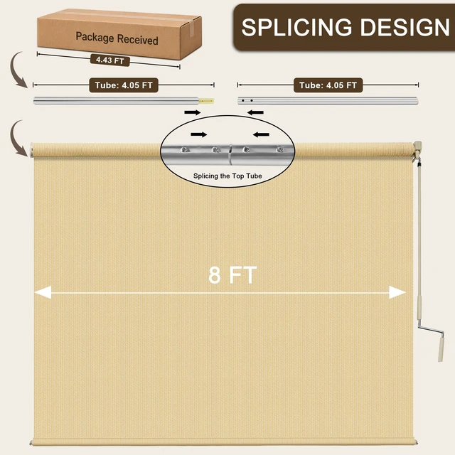 Alt view image 6 of 7 - 8'W x 8'H Sesame Patio Shades Roll up Outdoor Roller Shade Crank Wand Blind Cordless, 90% UV Blocking & Privacy Protection for Porch|Gazebo|Pergola|Backyard (2 Splicing Tube, 1 Fabric)