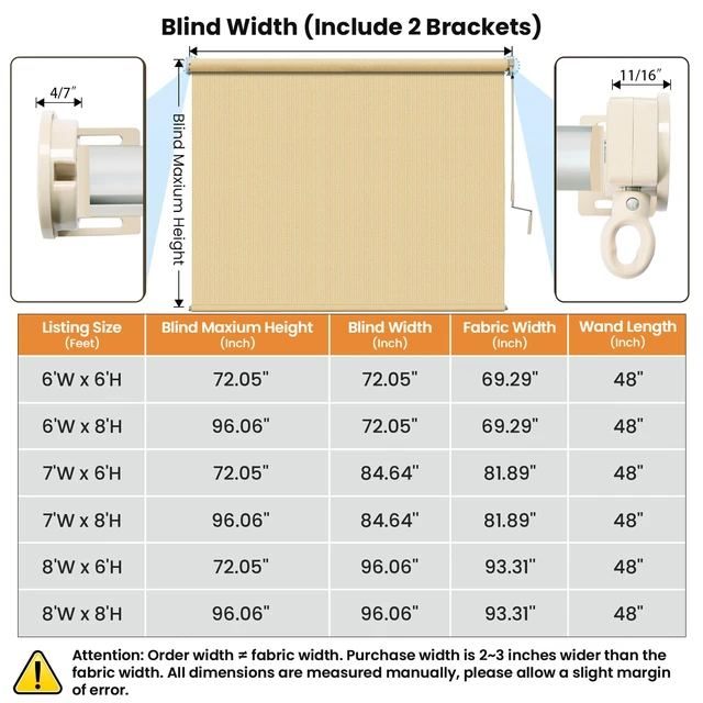 Alt view image 7 of 7 - 8'W x 8'H Sesame Patio Shades Roll up Outdoor Roller Shade Crank Wand Blind Cordless, 90% UV Blocking & Privacy Protection for Porch|Gazebo|Pergola|Backyard (2 Splicing Tube, 1 Fabric)