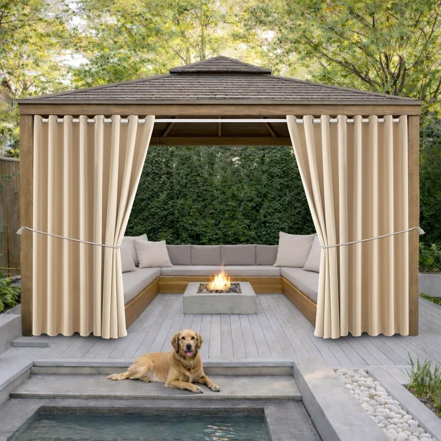 Main image of Outdoor Patio Curtain Waterproof Darkening Thermal Insulated Indoor Curtains for Bedroom, Porch, Living Room, Pergola, Cabana, W105 x L120 Extra Wide Room Divider, Beige, Set of 2 Panels