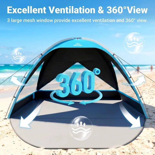 Alt view image 2 of 7 - Beach Tent Sun Shelter Portable, Large 8 Person Sunshade Cabana | Shade Beach Essentials, UPF 50+ UV Protection & Easy Setup, Mesh Windows & Carrying Bag, 118"L × 118"D × 71"H,Black Coating