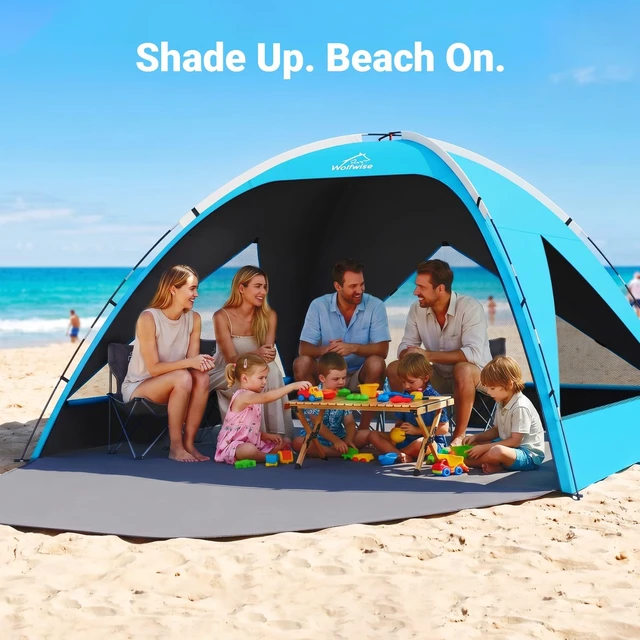 Alt view image 4 of 7 - Beach Tent Sun Shelter Portable, Large 8 Person Sunshade Cabana | Shade Beach Essentials, UPF 50+ UV Protection & Easy Setup, Mesh Windows & Carrying Bag, 118"L × 118"D × 71"H,Black Coating