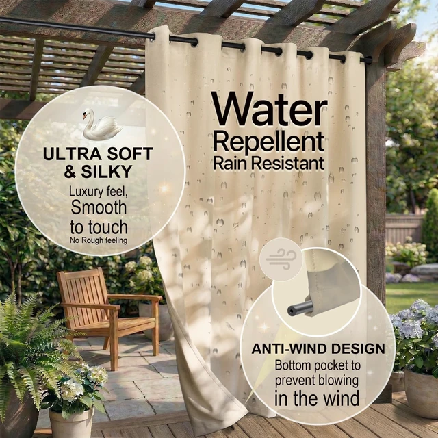 Alt view image 4 of 7 - Outdoor Patio Curtain Waterproof Darkening Thermal Insulated Indoor Curtains for Bedroom, Porch, Living Room, Pergola, Cabana, W105 x L120 Extra Wide Room Divider, Beige, Set of 2 Panels