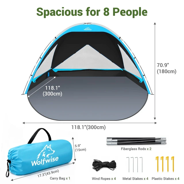 Alt view image 5 of 7 - Beach Tent Sun Shelter Portable, Large 8 Person Sunshade Cabana | Shade Beach Essentials, UPF 50+ UV Protection & Easy Setup, Mesh Windows & Carrying Bag, 118"L × 118"D × 71"H,Black Coating