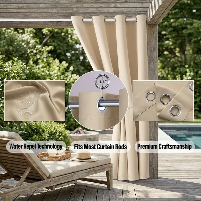 Alt view image 5 of 7 - Outdoor Patio Curtain Waterproof Darkening Thermal Insulated Indoor Curtains for Bedroom, Porch, Living Room, Pergola, Cabana, W105 x L120 Extra Wide Room Divider, Beige, Set of 2 Panels